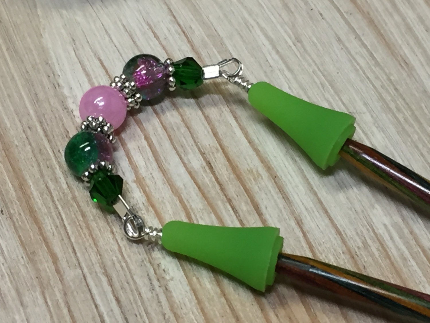 Beaded Point Protector Stitch Holder- Pink & Green Knitting Needle Jewelr...