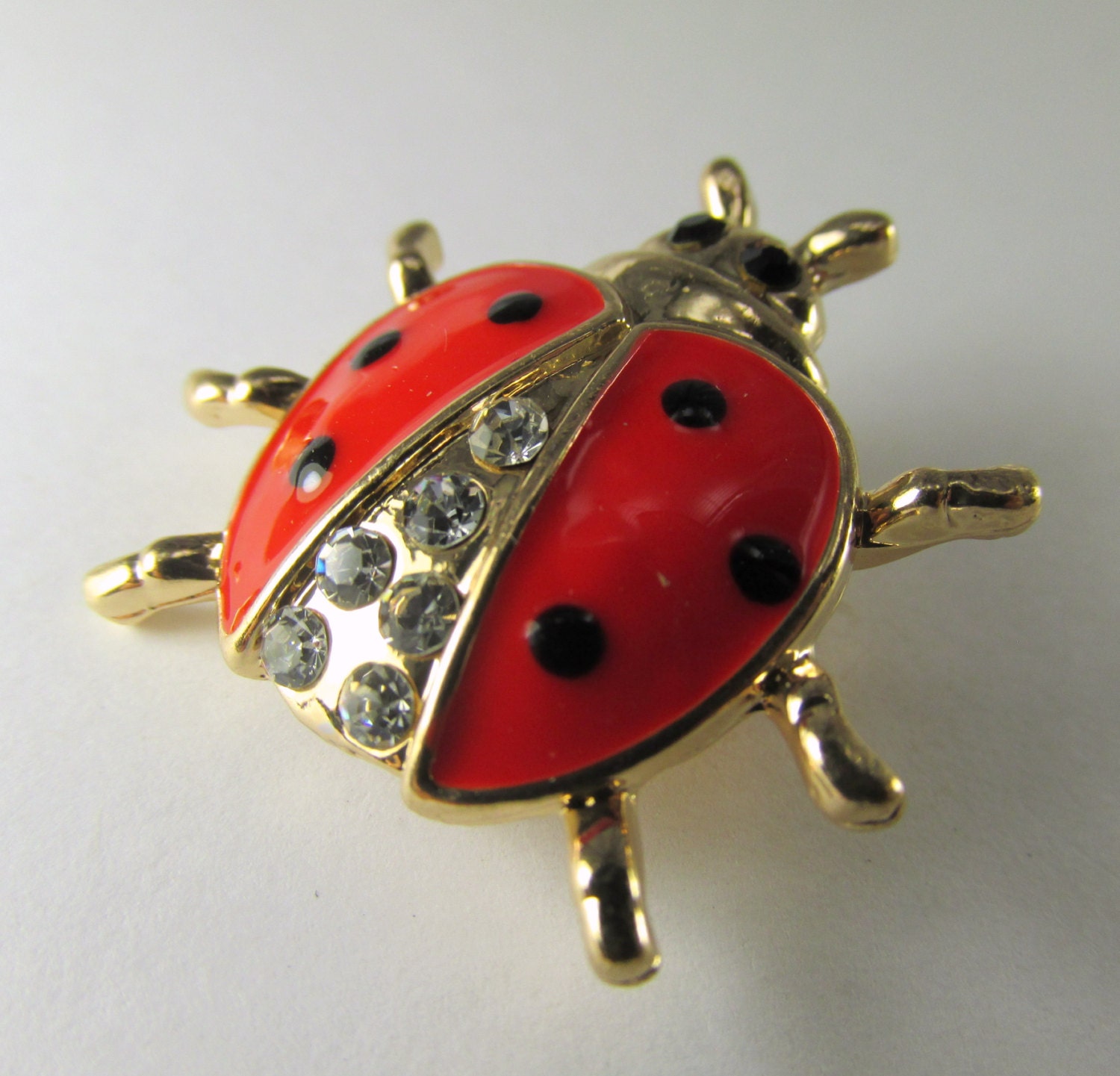 Red Lady Bug Brooch Jewelry Pin in Gold Metal Clear and Black
