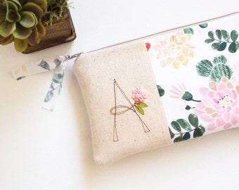 Bridesmaid Gift, Succulent Womens Clutch, Floral Wedding Clutch, Monogram Clutch, Gift for Wedding Party, YOUR FABRIC CHOICE Made to Order