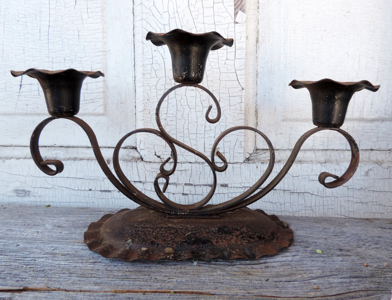 Vintage Candle Holder Tin Metal Black Candelabra Rustic