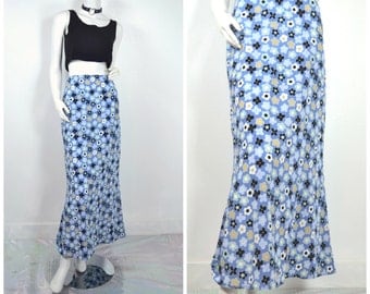 90s Blue Daisy floral light blue maxi flare skirt