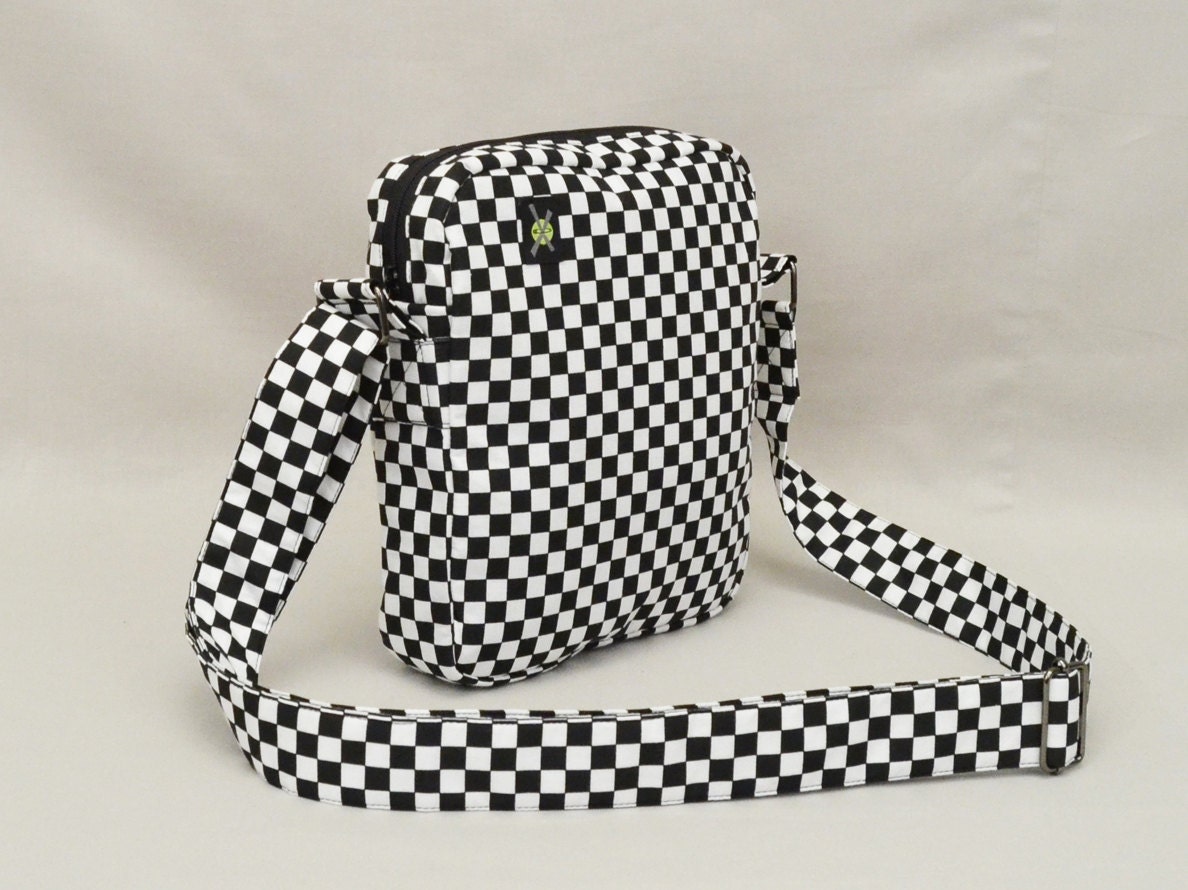 Black and White Checkered Small Crossbody Bag, Zipper Top Closure, Rude Girl Mod