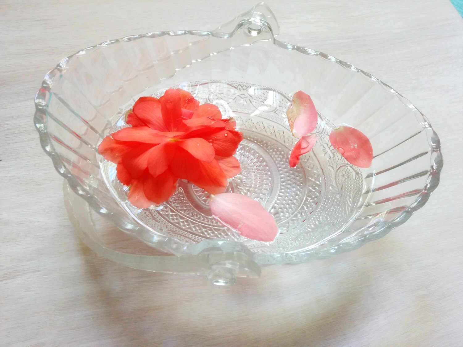 Vintage clear cut glass basket vase with floral and geometric