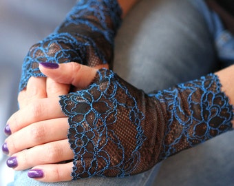Lace Gloves in Black with Blue. Stretch lace, fingerless lace gloves. Ready to ship. Free shipping!