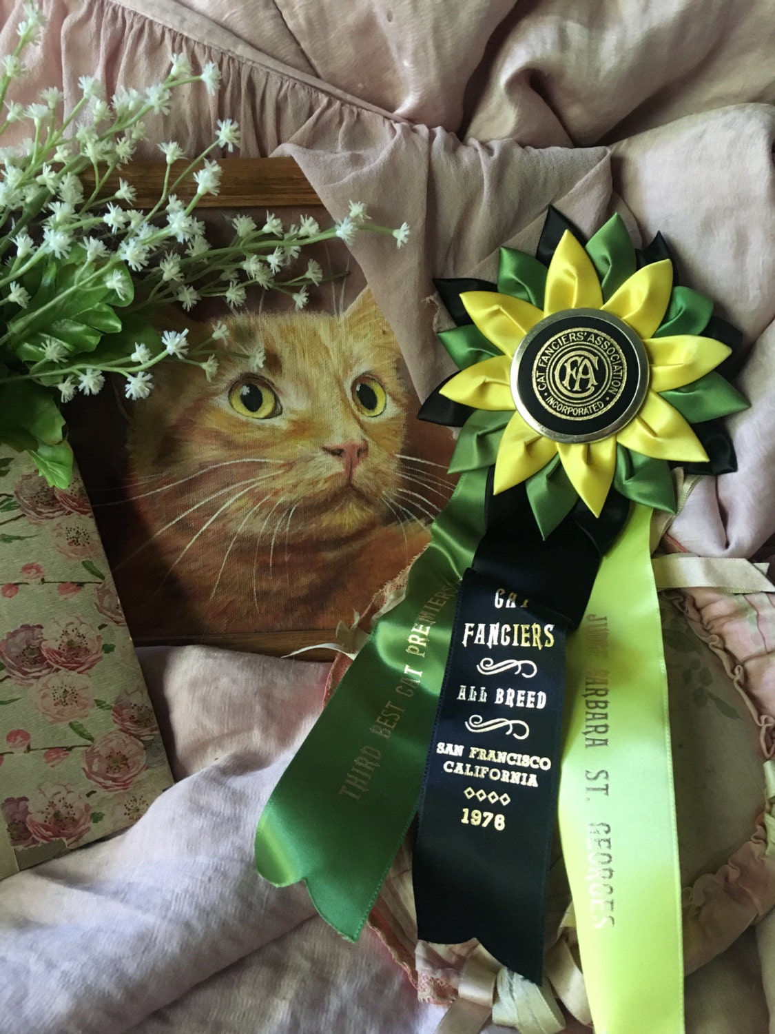 Vintage CFA CAT Show Satin Ribbon Rosette Award 3rd Best Cat