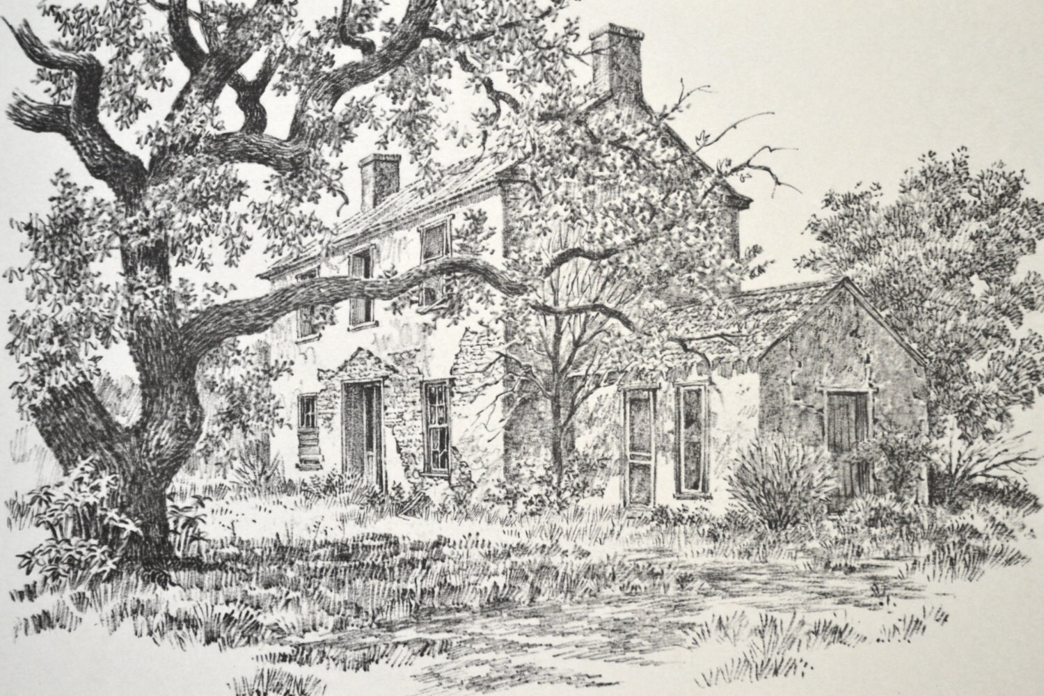 Art Print Sketch Old Farmhouse by Don Collins 1971 Vintage Art
