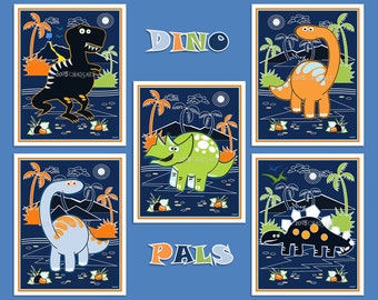 M2M Circo Dino Friends Collection-Set of 5 Dino Prints- 8" x 10" or 11" x 14", Dinosaur Art- Colorful Children's Art-Kid's Room Dino Decor