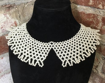 Vintage 80s Beaded Faux Pearl Bib Necklace