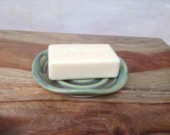 Handmade Ceramic Soap Dish in Rustic Green Pottery Spoon Rest