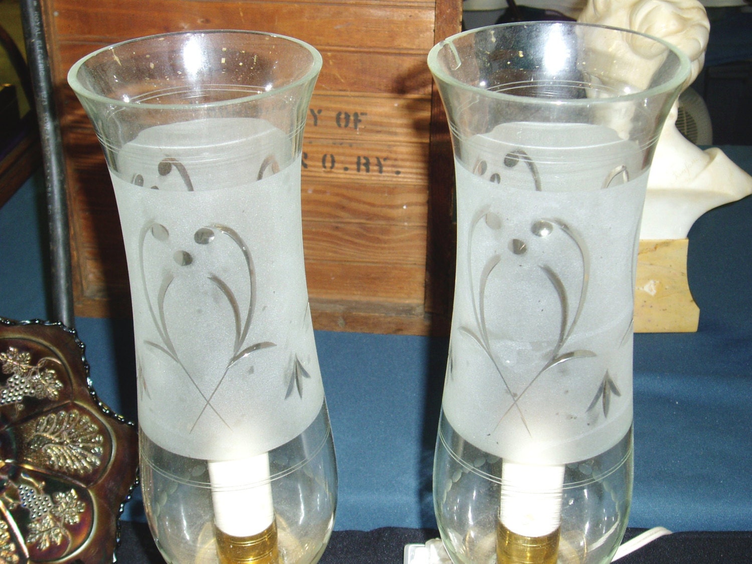 Art Deco Fireplace Mantle Lamps Brass Tulip and Etched Glass