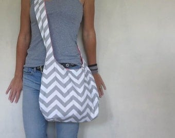 Cross Body Hobo Bag. Chevron Purse. OR Shoulder Bag. Small Purse. Gray and white Purse. Spring Line.