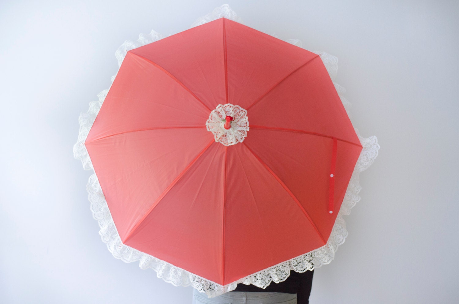Red Victorian Parasol Cherry Red with Cream Lace & a single