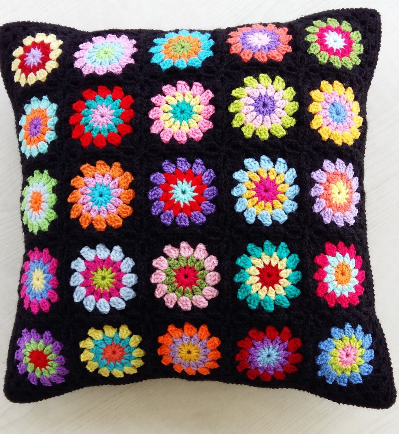 crochet granny square cushion cover / pillow cover in black