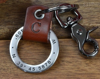 Custom Coordinates Keychain, Mens Personalized Leather Keychain - Latitude Longitude GPS Keychain or Any text up to 35 Characters!