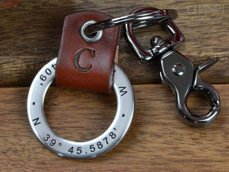 Custom Coordinates Keychain, Mens Personalized Leather Keychain - Latitude Longitude GPS Keychain or Any text up to 35 Characters!