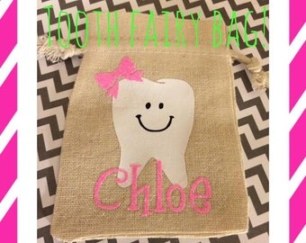 Personalized Tooth Fairy Bags - Tooth Holder - Tooth Pouch - Party Favors - Children - Tooth Fairy - Burlap Bags