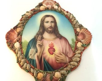 Sacred Heart Jesus Picture . Shell Frame. Religious Art. Catholic Art.