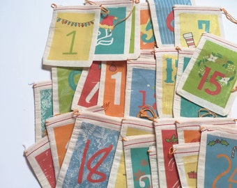 25 Muslin Bags - Advent Calendar, Christmas Countdown, Muslin Bags, Vintage Inspired, Festive, Colorful Christmas