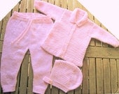 Baby infant girl hand knitted pale pink matinee outfit of jacket / cardigan trousers / leggings bonnet / hat pram set.