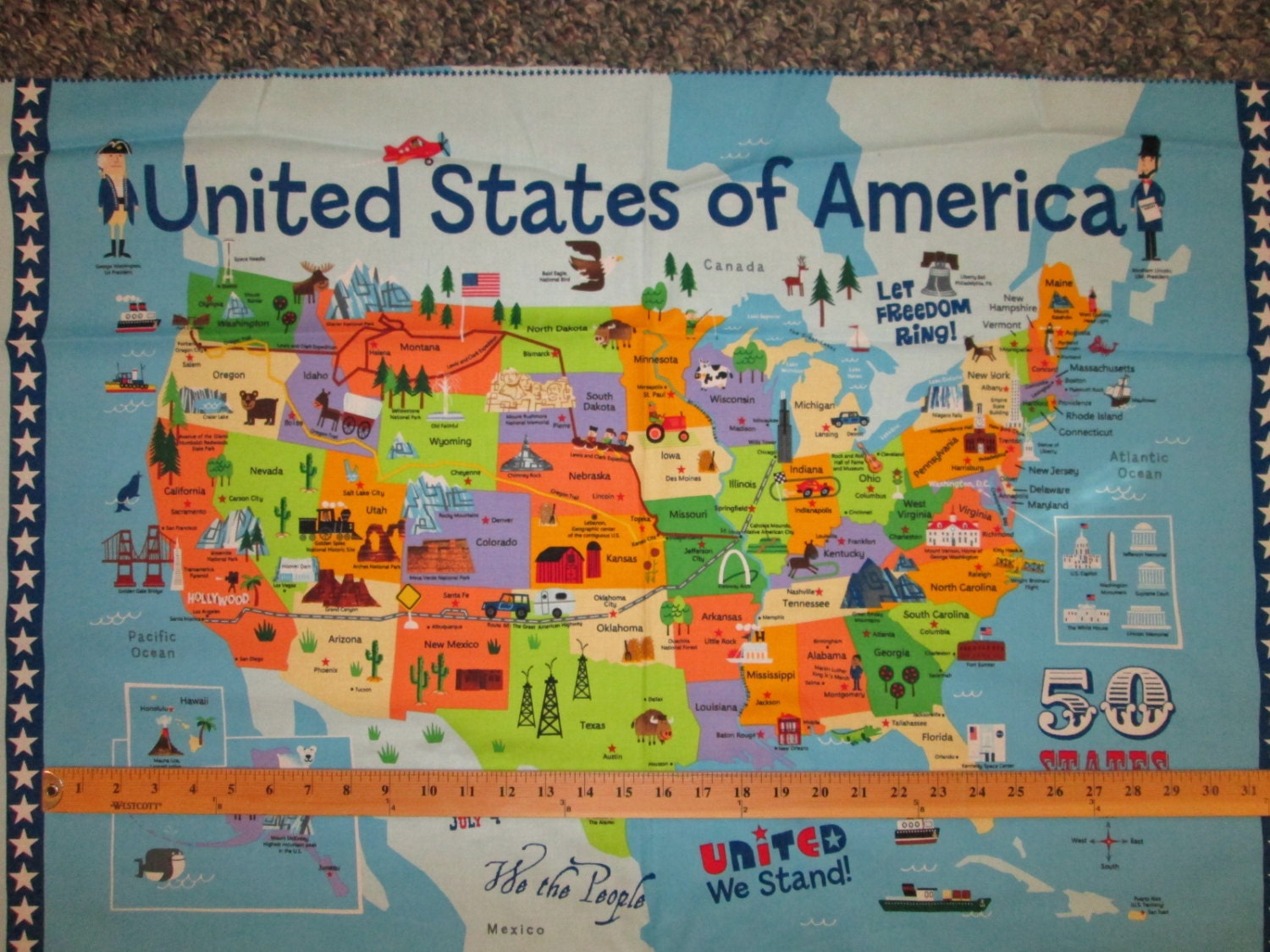 USA Map Flags Cotton Fabric Panel