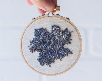Embroidery Hoop Art | Hand Embroidered | Small Hand Stitched French Knot Wooden Hoop in Shades of Blue and Grey
