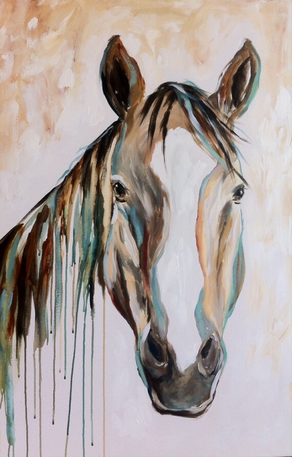 Horse painting contemporary art in turquoise brown and black