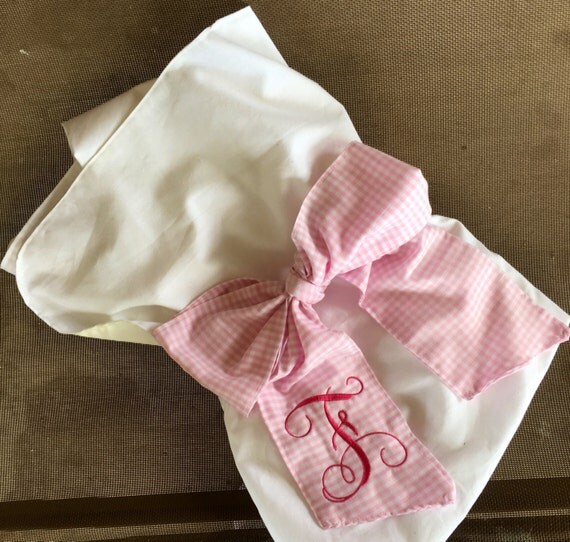 Monogrammed bow swaddle blanket personalized pink gingham big