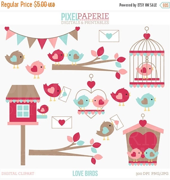 50% OFF SALE valentine clipart clip art birds love hearts - Love Birds ...