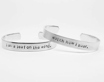i am a leaf on the wind/watch how i soar: hand stamped SET of aluminum Firefly/Serenity cuff bracelets