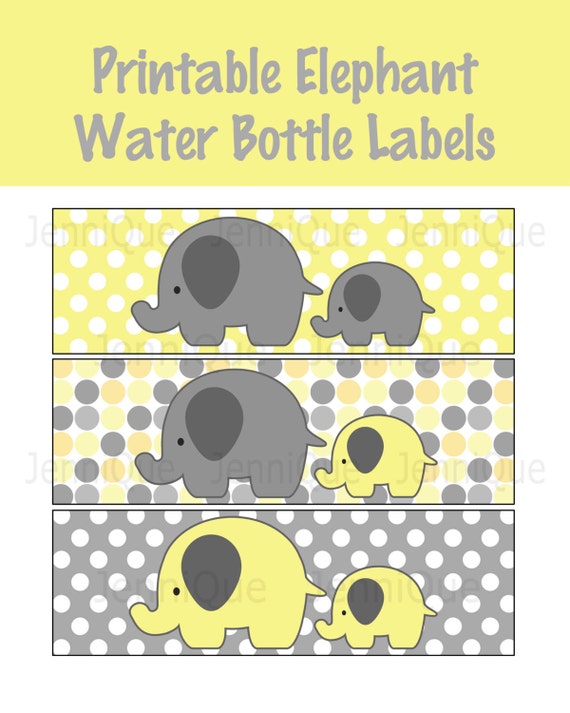 printable elephant theme water bottle labels by jenniqueprintshop