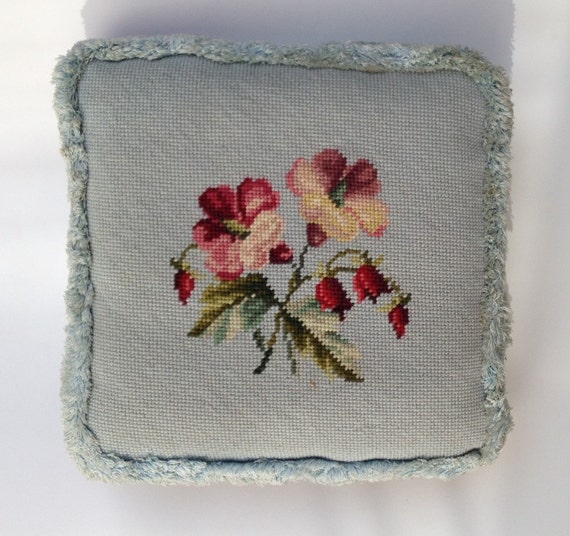 retro blue/burgundy needlepoint pillow with fringe
