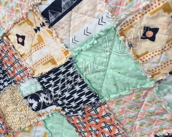 Rag Quilt - Arizona- King Queen Full Twin xl Throw - Coral - Navy - Mint - Gold - Tribal Handmade Bedding