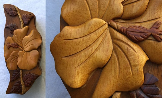 Carved puzzle box Hawaiian koa wood hibiscus secret lock