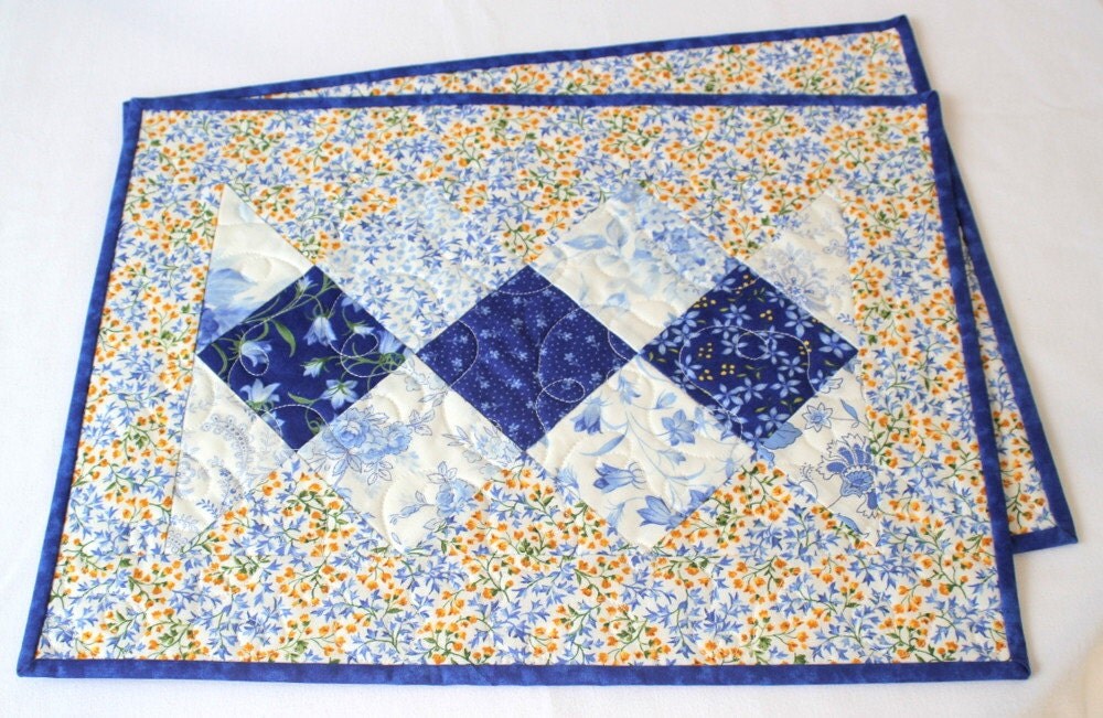 Quilted Placemats Blue Yellow Table Mats Floral Placemats