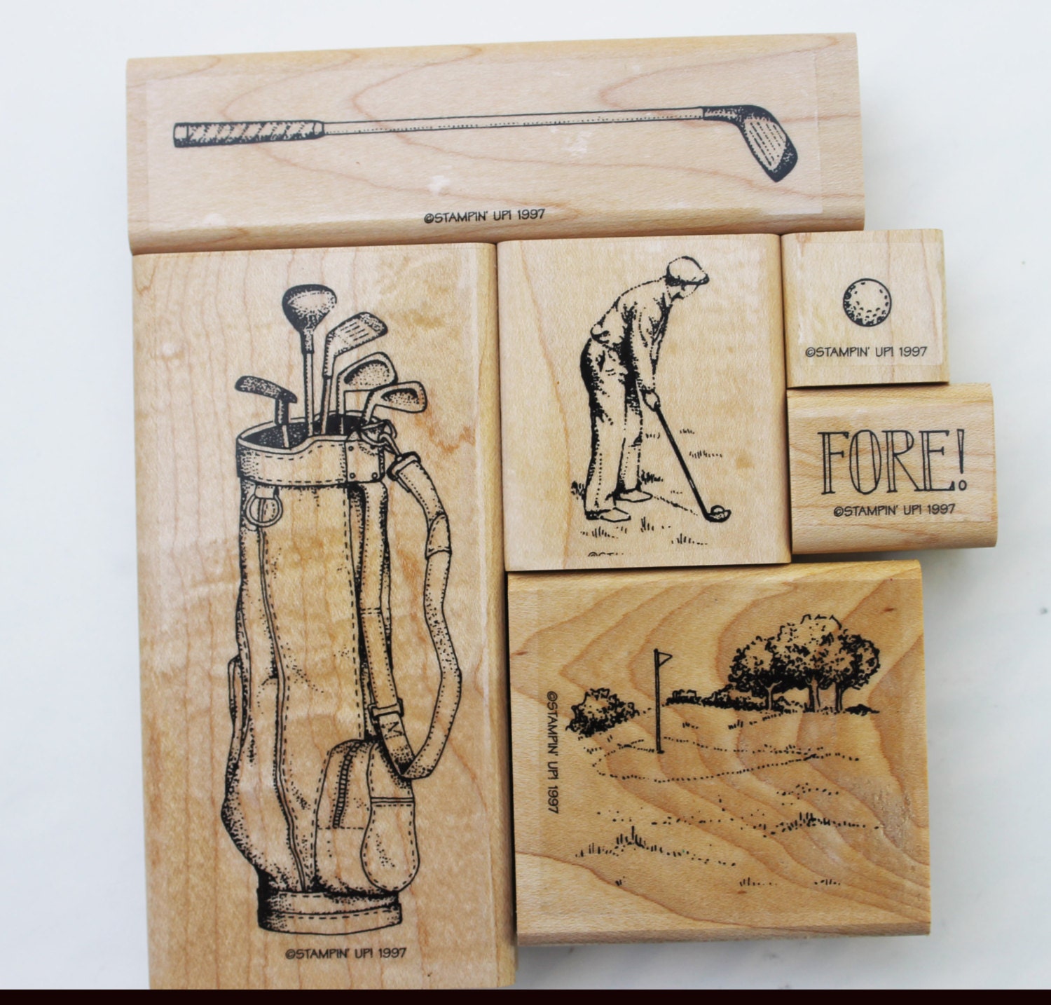 Fore rubber stamp set Stampin UP 6 pieces Wood mounted Golf