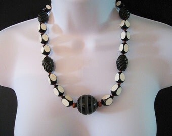 Black And Ivory Necklace - Art Deco Retro Style - Unique German Vintage Beads - Carved Glass, Obsidian, and red poppy jasper beads #922