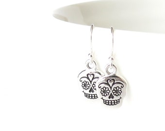 Sugar skull earrings, sterling silver ear wires with Mexican sugar skull charm, Day of the Dead