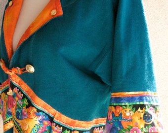 Altered Teal Sweatshirt Jacket Swingy Style with Laurel Burch Fabric "Felines & Canines" Goldtone Buttons Women's Size Large