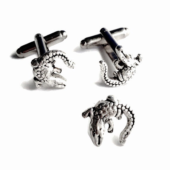 SALE Alligator Cufflinks & Tie Tack Mens Handcrafted Silver