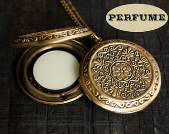 Perfume Locket Necklace with Solid Scent - Victorian Gold Brass - Round Floral - Choose Your Scent
