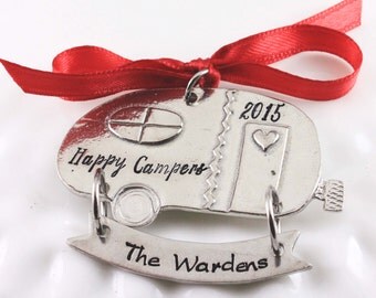 Happy Camper Christmas ornament - Custom hand stamped - Vintage camper - Personalized tree ornament - Family Christmas ornament - RV