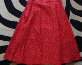 RED calico COTTON SKIRT vintage floral knee skirt summer S 28 waist