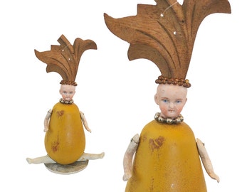 assemblage art, mixed media original, art doll ornament, plump, pear shaped, wooden fruit, by Elizabeth Rosen