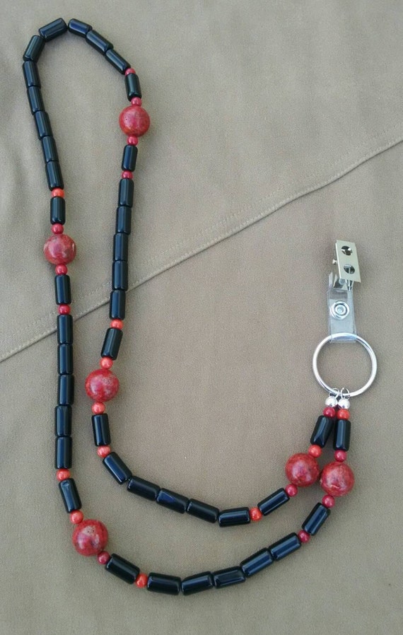 Real Obsidian Stone Bead Lanyard Name Tag by OutWestArtsandCrafts