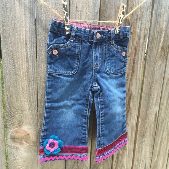 Items similar to Upcycled embellished little girl jeans. Size 18 mths w ...