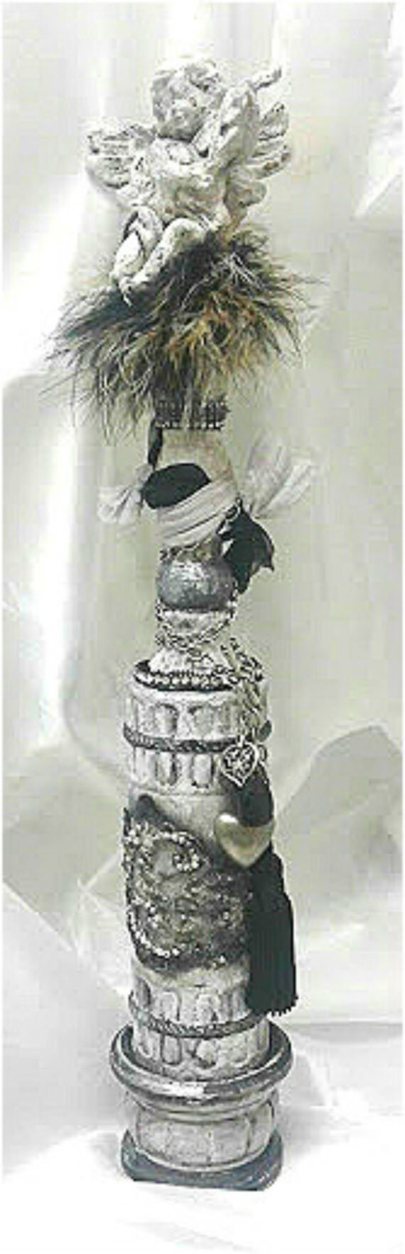 Stone like Grey and Black Altered Glass Bottle Cherub Topper