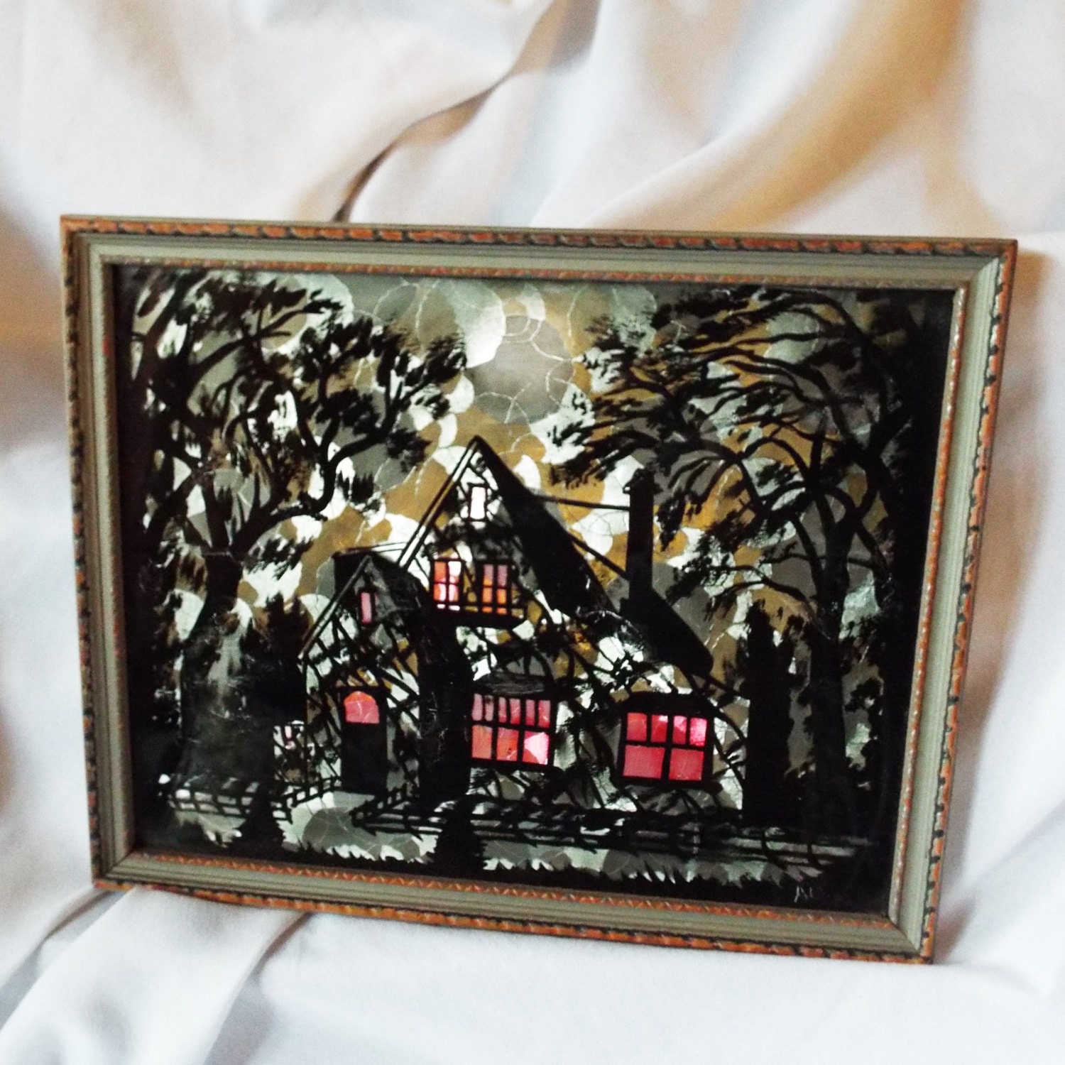 Vintage Foil Art Framed House Moon Spooky Artwork