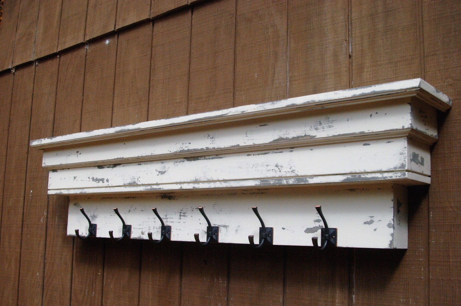 Distressed coat rack wall shelf with hooks by RaysCustomWoodwork
