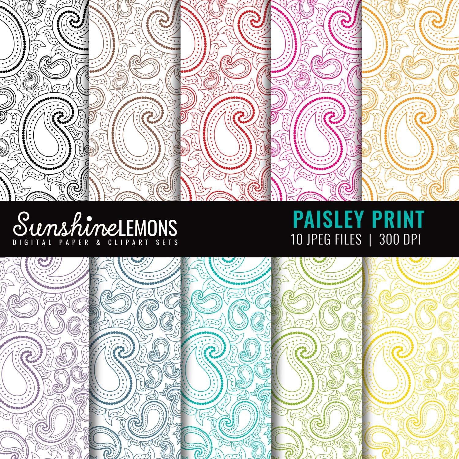 Paisley Print Digital Scrapbook Paper Set of 10 in Bakers