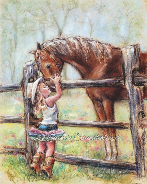 Children's Art, girl and horse Cowgirl horse painting “COWGIRL WHISPERS” western decor paper  Canvas or art Print, Laurie Shanholtzer artist